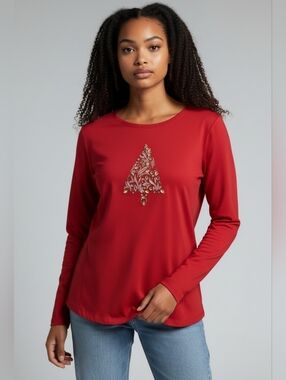 Croft & Barrow Red Long Sleeve Tee with Gold Tree Design